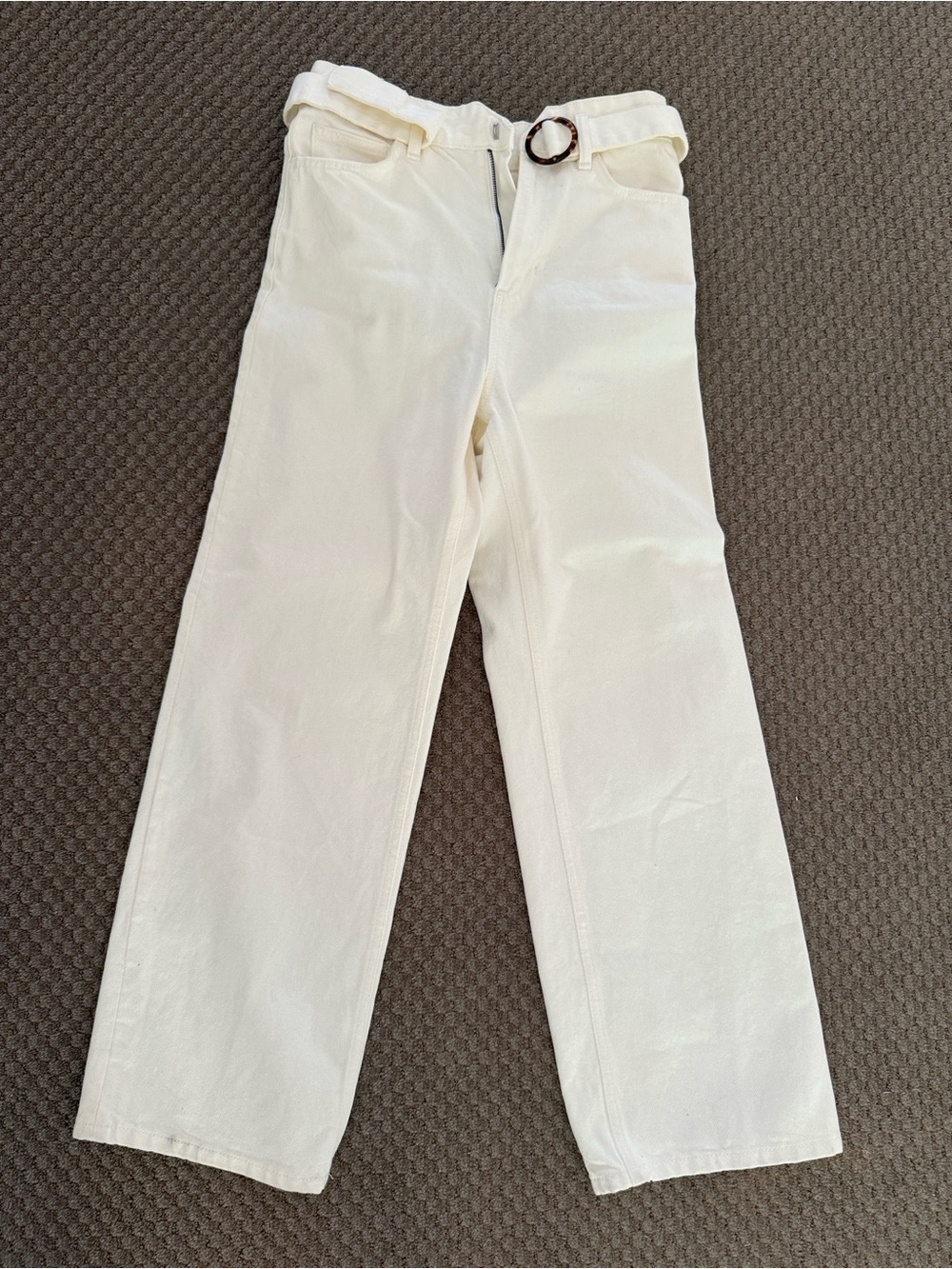 Reformation Cream High-Rise Jeans with Tortoiseshell Belt Ring